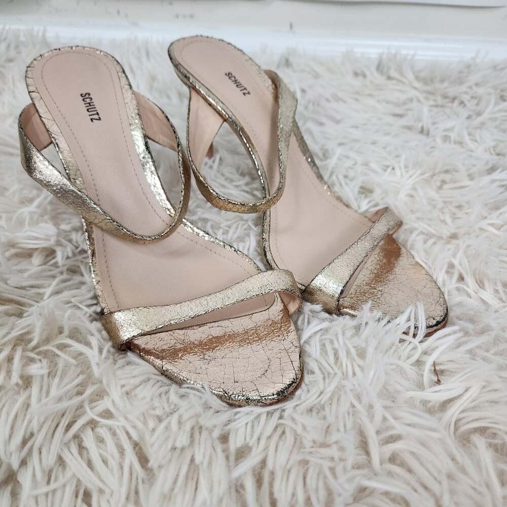 Schutz 3.5" heel Sandals Sz 7.5b metallic gold shoes A26C